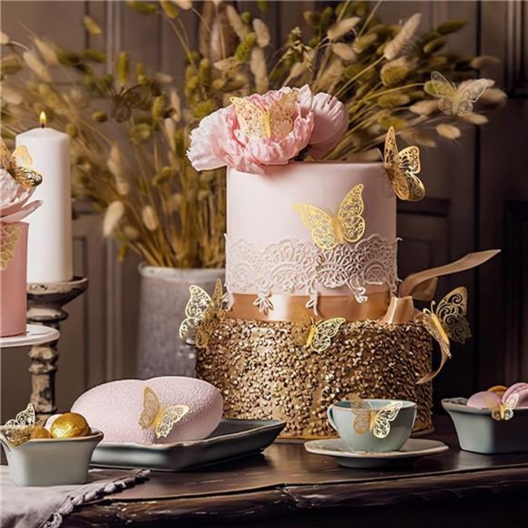 72 Pcs Gold Butterfly Decorations 3D Wall Decor, Butterfly Birthday Party - Picture 3 of 6